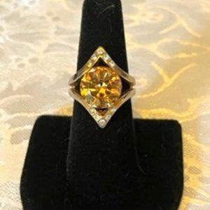 Colorado Topaz Large Round Stone set in geometric band with rhinestones ring